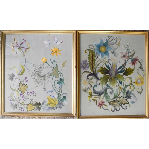65 - Two 1950s embroidered pictures, one depicting a spiderweb and spider hanging between various floweri... 