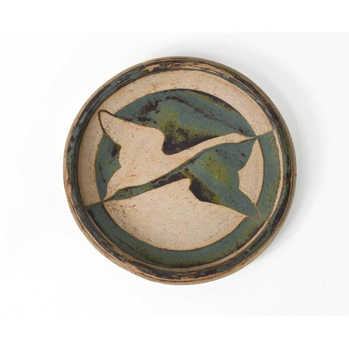 68 - John Burgess (20th century): studio pottery dish, Swans, stoneware, initialled and numbered 0305 to ... 