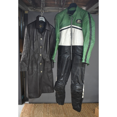 371 - A set of vintage Kett motorcycle leathers, one piece, in green, black and white, together with a Lad... 