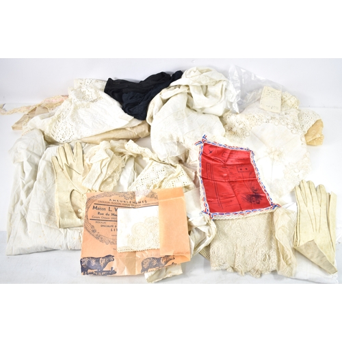 376 - A group of vintage lace and accessories including kid gloves, silk and lace handkerchief, bodice, Po... 