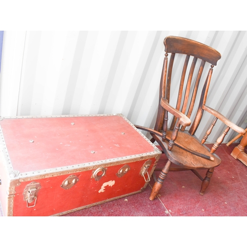 499 - A 19th century elm splat back armchair together with a vintage travelling trunk.