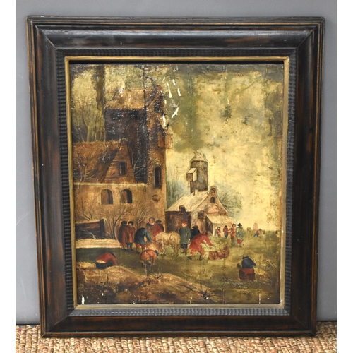 57 - An 18th century Dutch or German oil on panel depicting a winter village, with village folk and lives... 