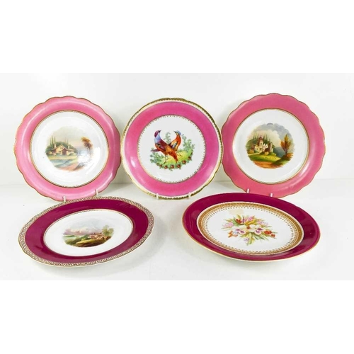 12 - A group of five porcelain plates, all with pink ground, including a French pair of plates painted wi... 