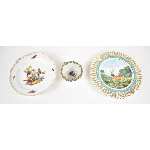 24 - A Meissen plate hand painted with birds and insects together with Dresden dish and a plate decorated... 