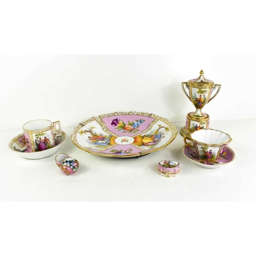 43 - A selection of porcelain, painted with figures with pink ground, including Meissen, Royal Vienna, an... 