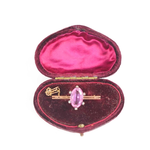 107 - A 9ct gold, pink stone, possibly topaz and old cut diamond brooch, the coronet setting likely Georgi... 