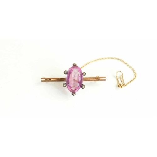 107 - A 9ct gold, pink stone, possibly topaz and old cut diamond brooch, the coronet setting likely Georgi... 