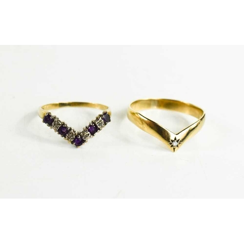 112 - Two 9ct gold wishbone rings, one set with a single diamond approximately 0.01ct, size S, the other s... 