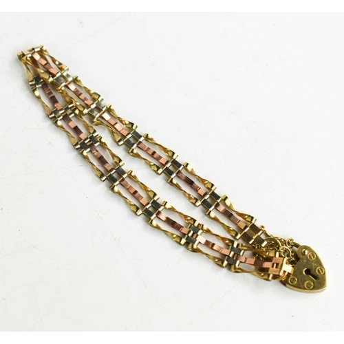 114 - A 9ct gold gate link bracelet, with heart form clasp and safety chain, 4.3g.