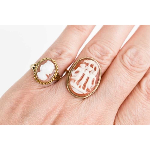 118 - A 9ct gold cameo ring, the oval cameo depicting the Three Graces, 20.1 by 15.7mm, ring size N, toget... 