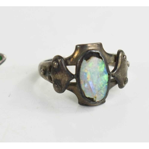 125 - An opal & palladium Art Nouveau ring, size H, 2.3g, together with a silver, mother of pearl & enamel... 