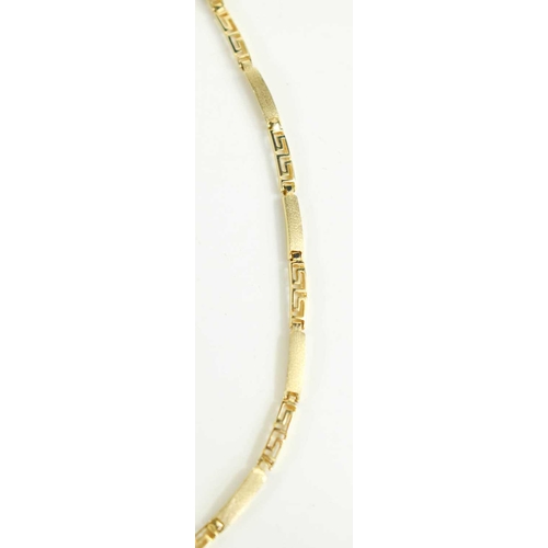 186 - A 14ct gold bar link necklace with Greek key design detailing to each bar, 44cm long, 10.5g.
