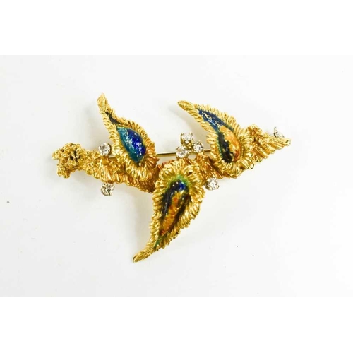 197 - An 18ct gold, diamond and enamel brooch, in a modernist foliate form, composed of three 'leaves' on ... 