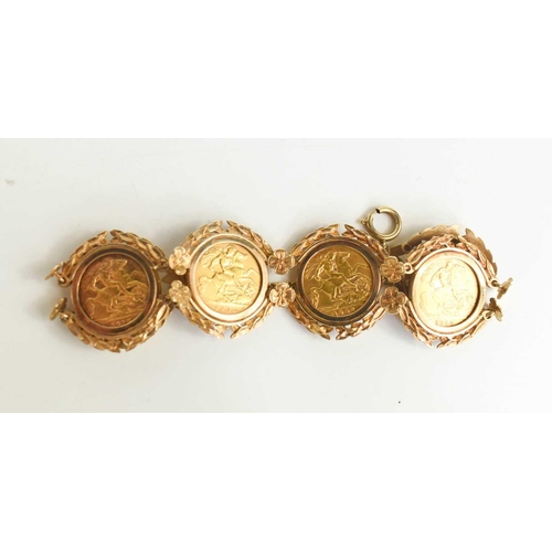 219 - A 9ct gold bracelet set with six half sovereigns, in a pretty laurel leaf and flowerhead setting to ... 