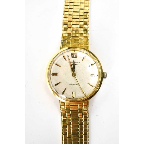 264 - An 18ct gold Longines wristwatch, the dial having a calendar aperture and baton markers, with an 18c... 