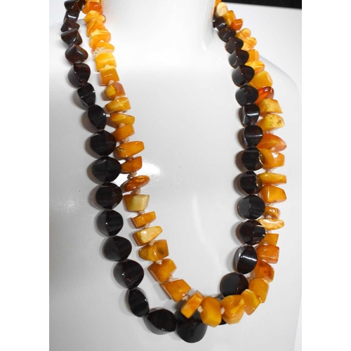 55A - A string of vintage butterscotch amber beads, of polished angular form, 81.1g, together with a strin... 