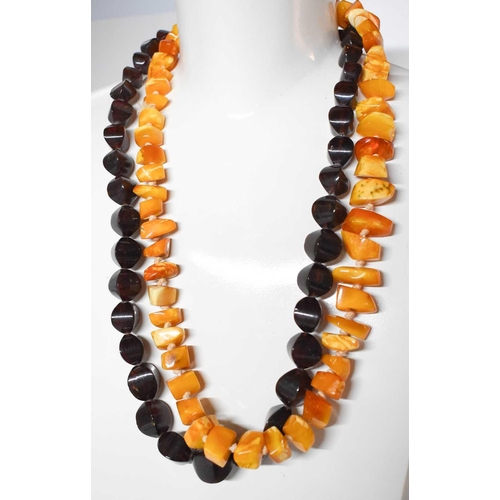 55A - A string of vintage butterscotch amber beads, of polished angular form, 81.1g, together with a strin... 
