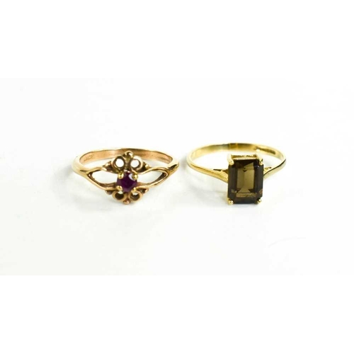 68 - A 9ct gold dress ring set with an emerald cut smokey quartz, size O, 1.4g, together with an apparent... 