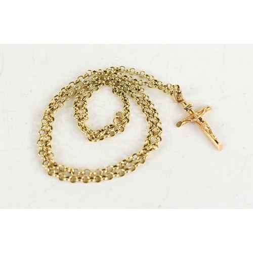 78 - A 9ct gold crucifix with 9ct gold belcher chain, chain length 49cm long, a/f clasp missing, 4.5g.