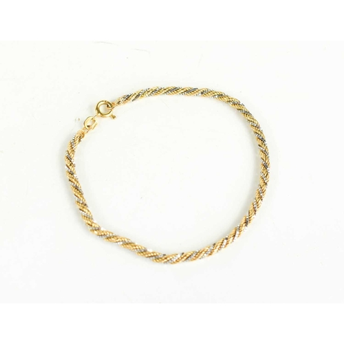 82 - A 9ct yellow, white and rose gold ropetwist bracelet, with hoop clasp, 3.4g.