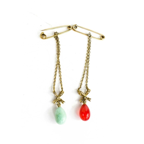 91 - A pair of pretty brooches, gilded silver marked 830, the pear drop pendants of carnelian and jade wi... 