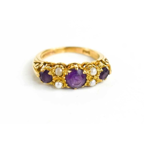 94 - A Victorian style 9ct gold amethyst and seed pearl ring, size M, 3.5g.