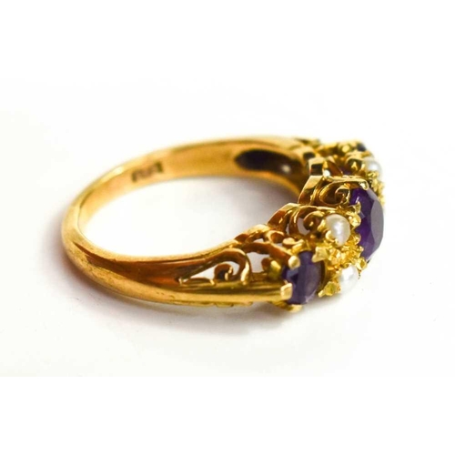 94 - A Victorian style 9ct gold amethyst and seed pearl ring, size M, 3.5g.