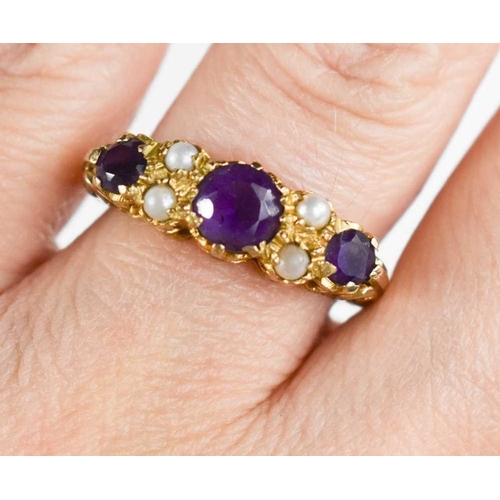 94 - A Victorian style 9ct gold amethyst and seed pearl ring, size M, 3.5g.
