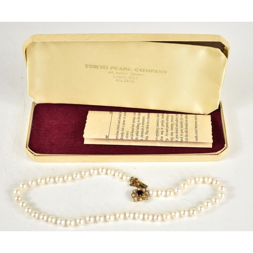163 - A vintage string of Tokyo Pearl Company cultured pearls, with 18ct gold, ruby and pearl clasp, a/f o... 