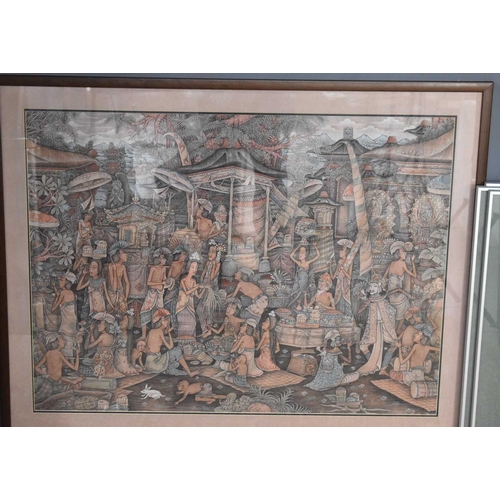 103 - A hand painted Balinese figural scene, framed and glazed, 90cm by 68cm.