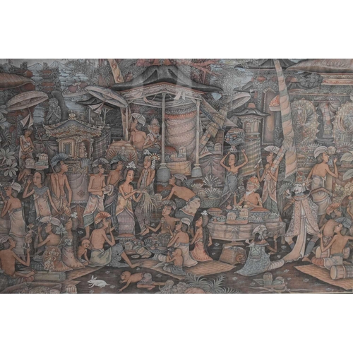 103 - A hand painted Balinese figural scene, framed and glazed, 90cm by 68cm.