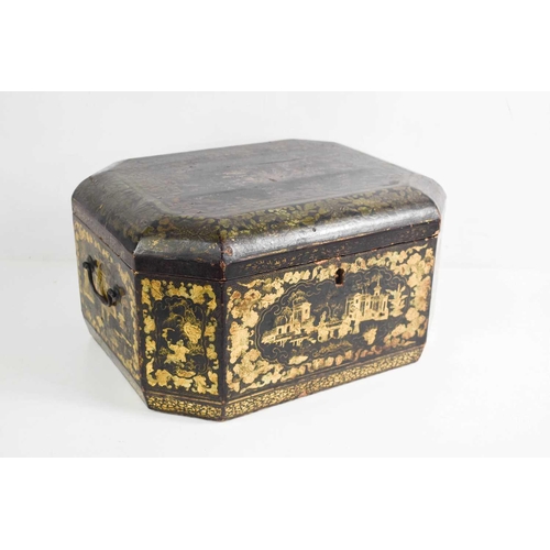 113 - A 19th century Chinese black lacquered box, decorated with gilded penwork to depict vistas and borde... 