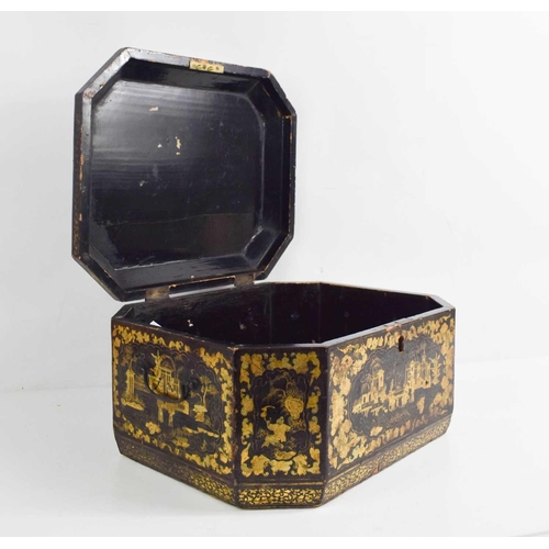 113 - A 19th century Chinese black lacquered box, decorated with gilded penwork to depict vistas and borde... 