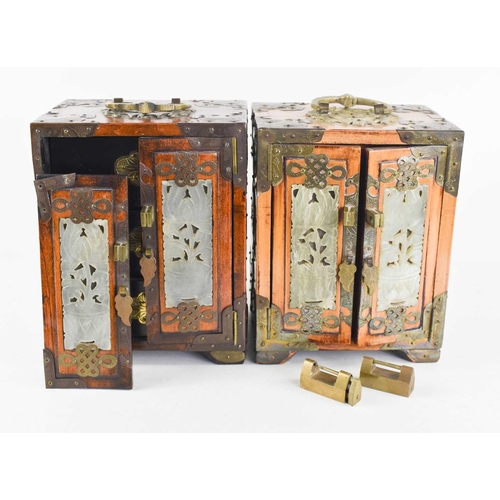 114 - A pair of Chinese table cabinets, clad in decorative metalwork and jade plaques; each carved & pierc... 