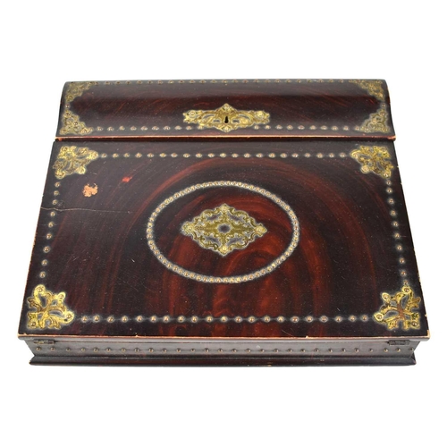 120 - A 19th century workbox, in simulated rosewood, with a sloped lid, the top cover opens to reveal the ... 