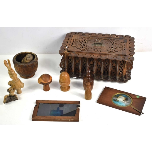 122 - An antique fretwork carved box a/f, together with two magic lantern slides and a group of treen to i... 