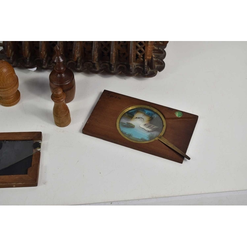 122 - An antique fretwork carved box a/f, together with two magic lantern slides and a group of treen to i... 