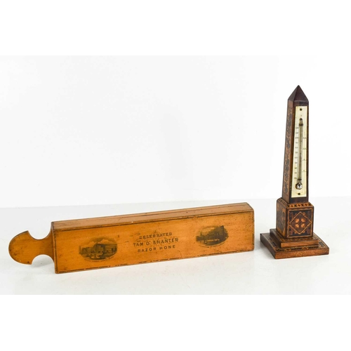 130 - A Mauchline ware Tam O Shanter razor hone, together with a 19th century Tunbridge ware obelisk form ... 