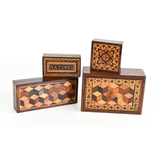 131 - Four 19th century Tunbridge ware boxes including two examples inlaid with specimen woods in the tumb... 