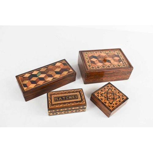 131 - Four 19th century Tunbridge ware boxes including two examples inlaid with specimen woods in the tumb... 