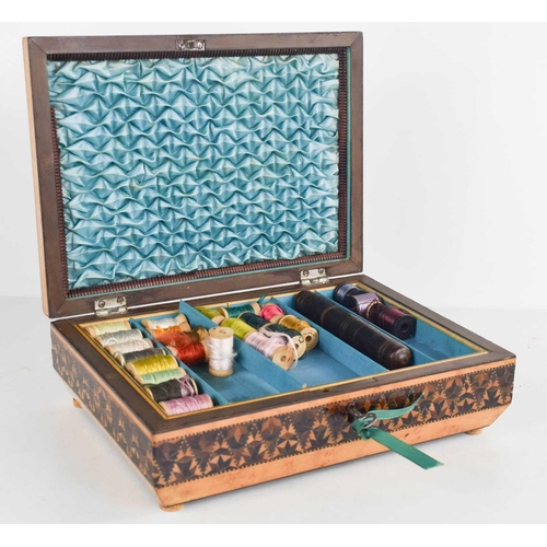 136 - A19th century Tunbridge ware sewing box, the canted lid opens to reveal a tray interior over a furth... 