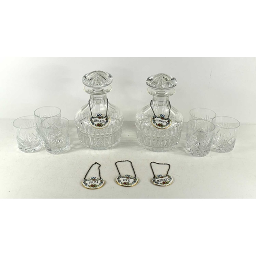 143 - Two cut glass decanters together with whisky glasses and five Crown Staffordshire porcelain decanter... 