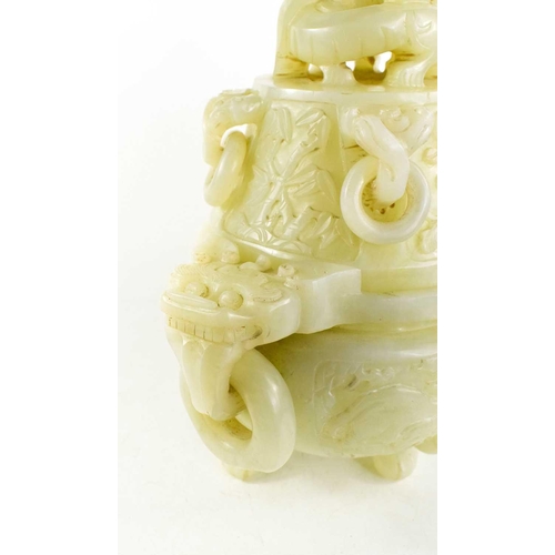 21 - A late 19th century Chinese jade censor, the cover modelled with a dog of fo, the body with dog of f... 