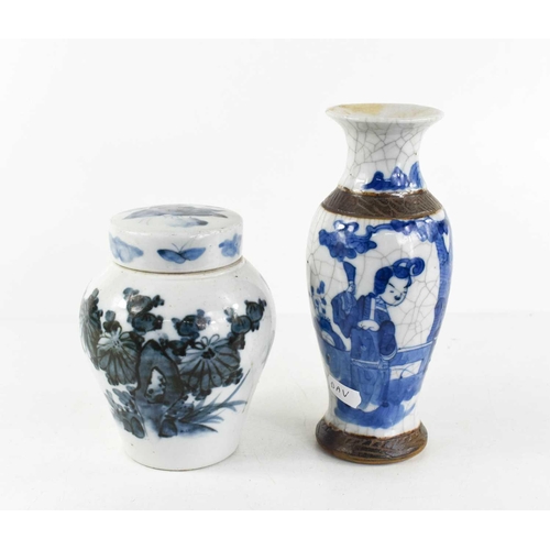 49 - A 19th century Chinese blue and white ginger jar and cover, together with a stoneware baluster form ... 