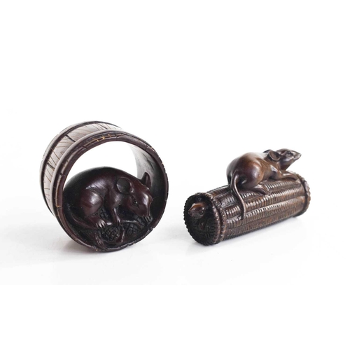 5 - A wood netsuke of a rat upon sweetcorn within a barrel, and another example of a rat perched upon a ... 