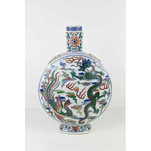 54 - A 20th century Chinese polychrome moon flask, lacking handles, decorated with phoenix and dragon, 33... 