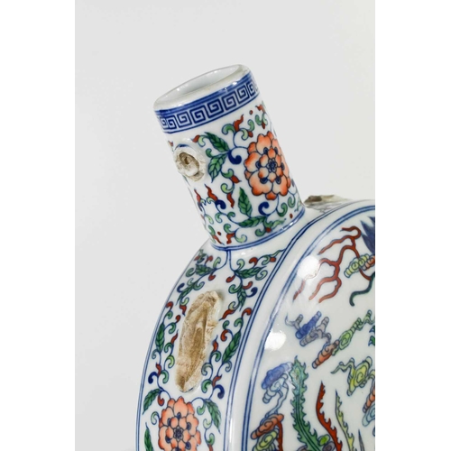 54 - A 20th century Chinese polychrome moon flask, lacking handles, decorated with phoenix and dragon, 33... 