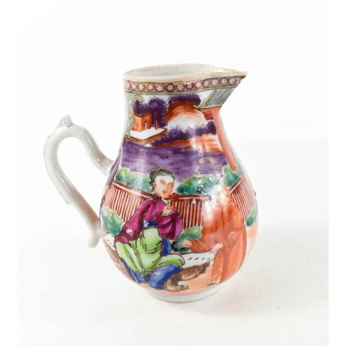 62 - A 19th century Qing Dynasty Chinese polychrome sparrow beak jug, painted to depict a figural scene; ... 