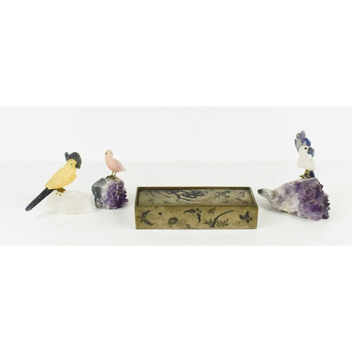 70 - A Chinese white metal box, engraved with butterflies, birds and plants, 14cm long, together with thr... 