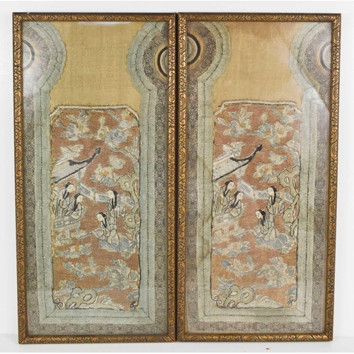 91 - Two late 19th / early 20th century Qing Dynasty embroidered panels, possibly from sleeves, the figur... 